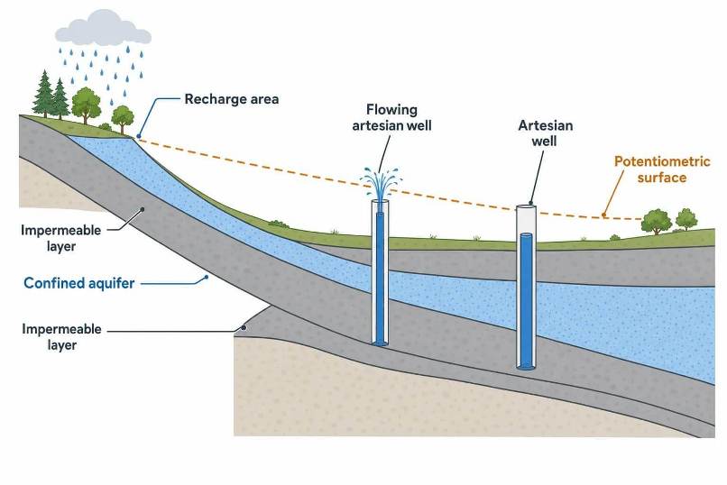Схема залегания артезианской воды в глубоком водоносном горизонте между водоупорными слоями Схема залегания артезианской воды в глубоком водоносном горизонте между водоупорными слоями